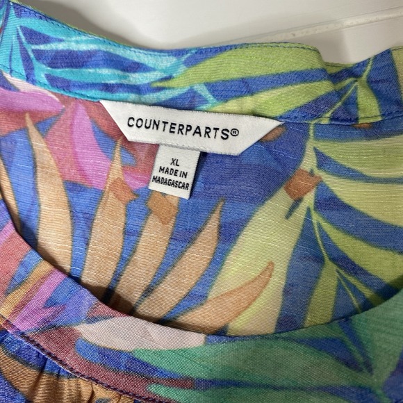 Counterparts Tropical Blouse Top Women's SZ XL Smocked Flutter Sleeve Blue Multi - Picture 13 of 16